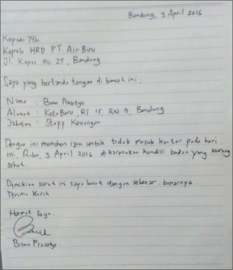 Contoh Surat Pernyataan Pengajuan Cuti