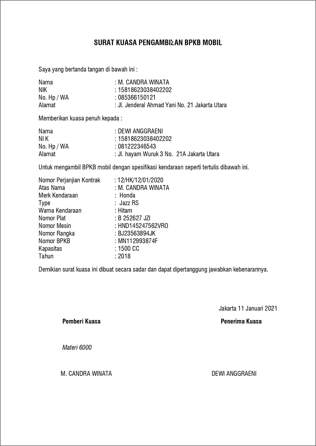 Contoh Surat Pernyataan Pengambilalihan Bpkb