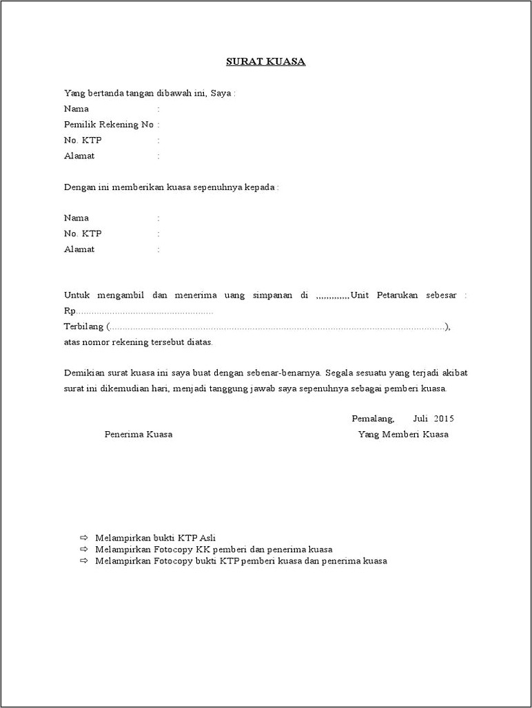 Contoh Surat Pernyataan Pengambilan Uang Dibank
