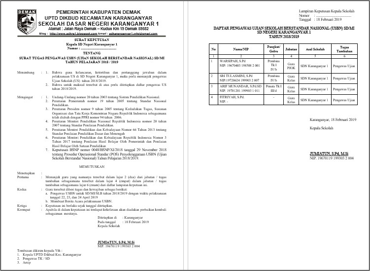 Contoh Surat Pernyataan Pengawas Usbn 2018