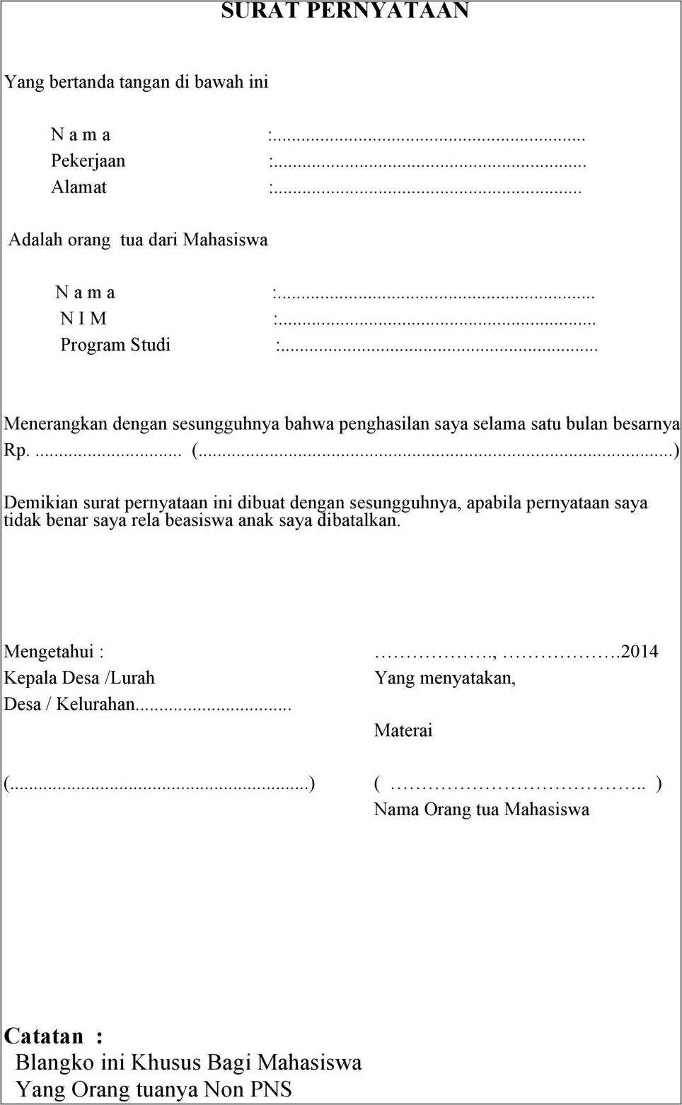 Contoh Surat Pernyataan Penghasilan Orang Tua Dari Kelurahan