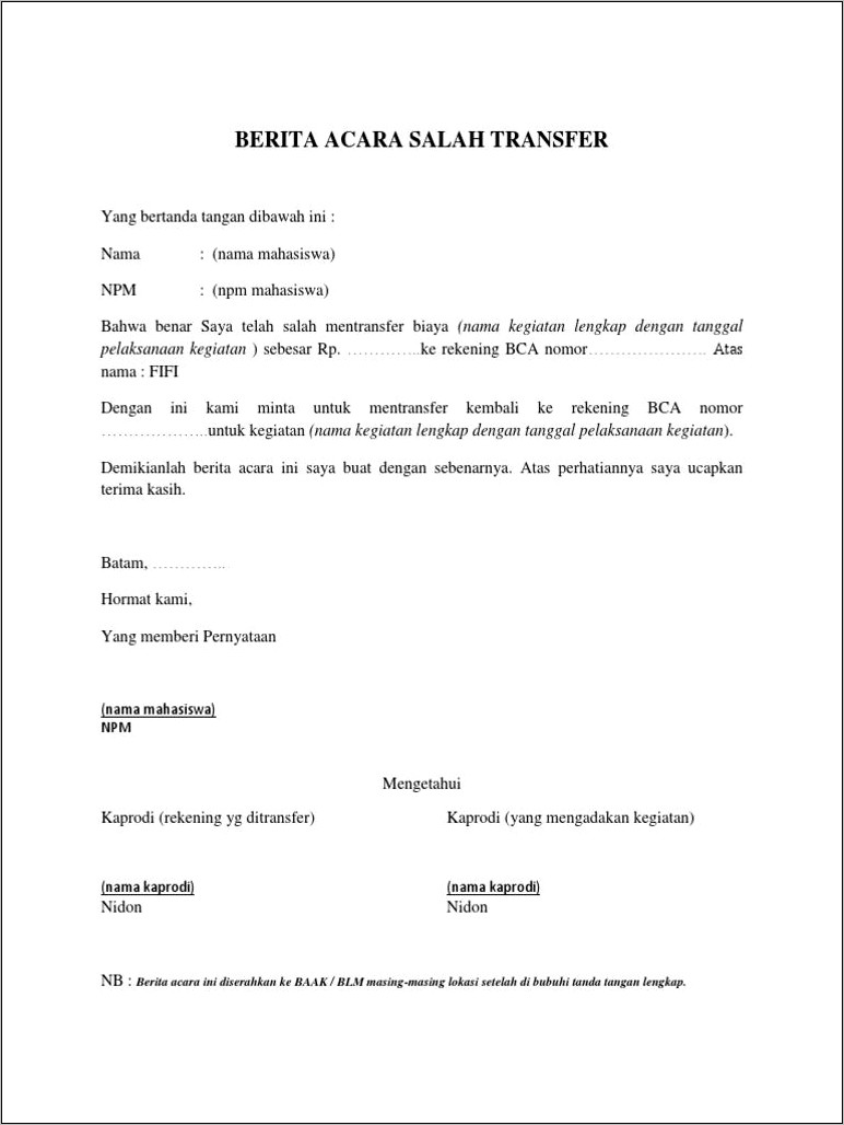 Contoh Surat Pernyataan Pengiriman Uang Ke Rekening Lain