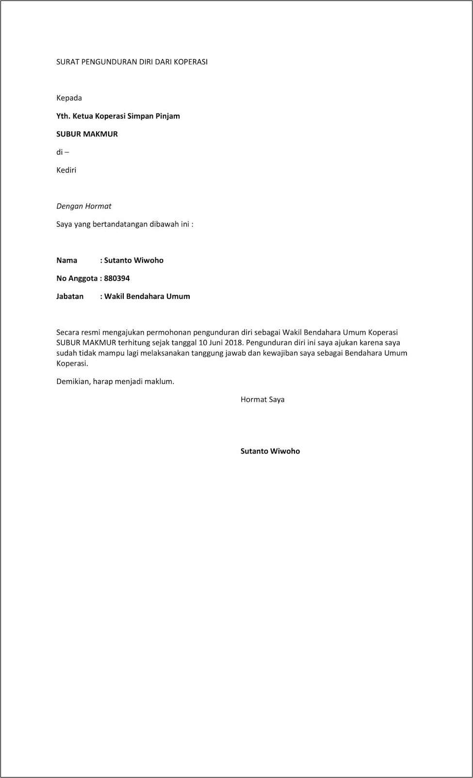 Contoh Surat Pernyataan Pengunduran Diri Dari Jabatan Pembina Ptamuka