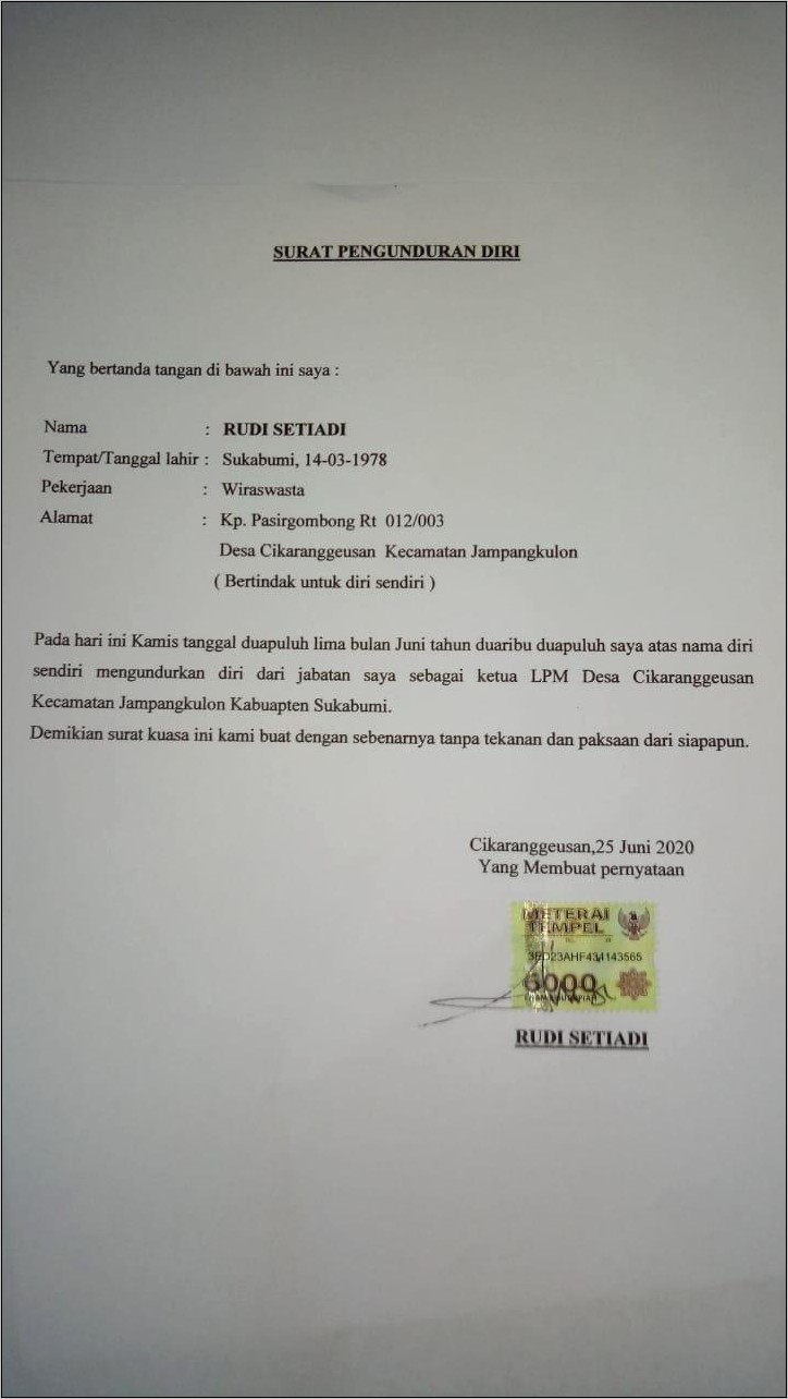 Contoh Surat Pernyataan Pengunduran Diri Dari Jabatan Rt