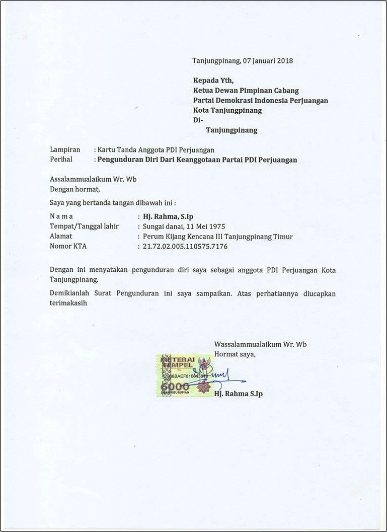 Contoh Surat Pernyataan Pengunduran Diri Dari Pengurus Partai