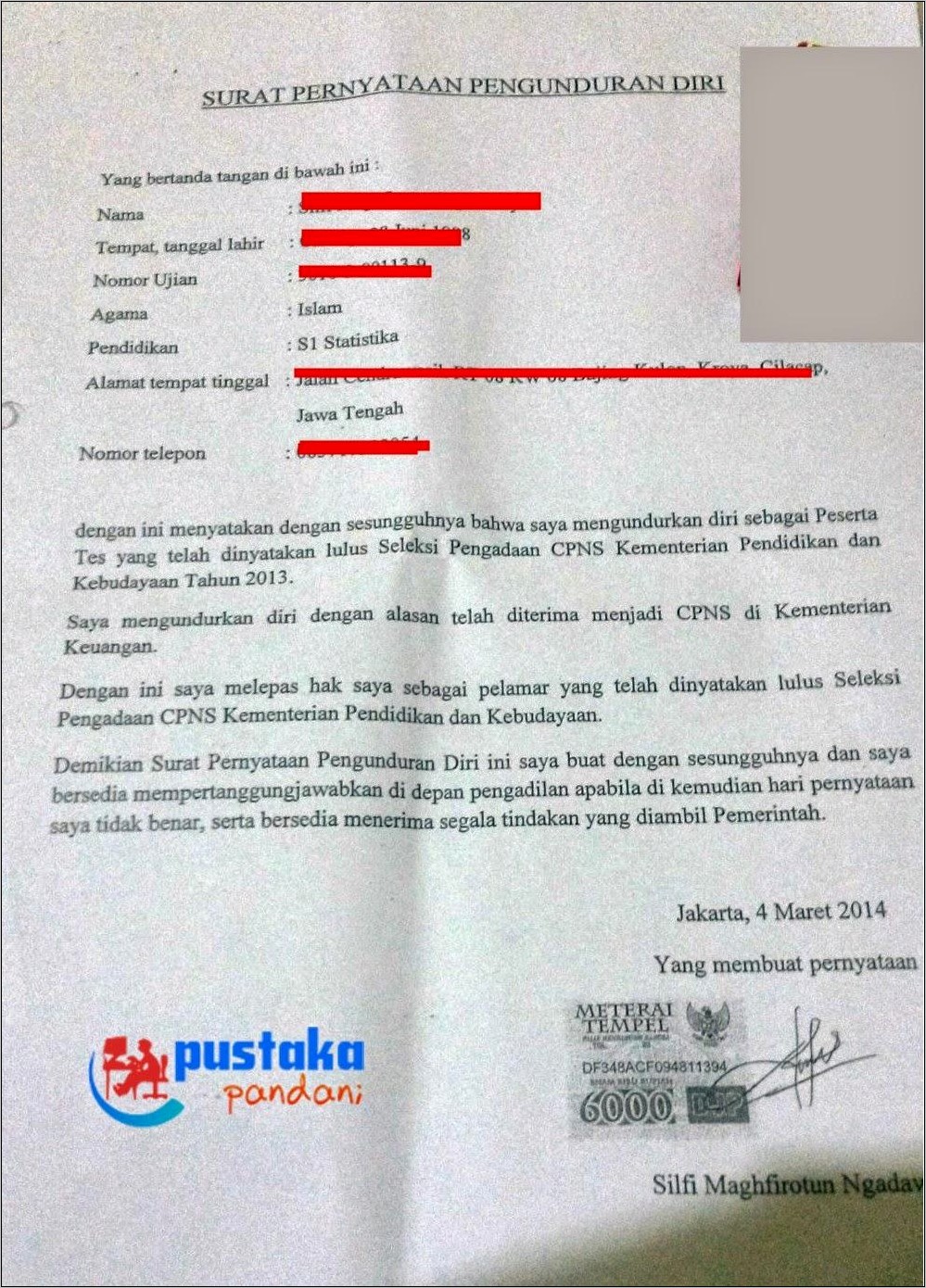 Contoh Surat Pernyataan Pengunduran Diri Dari Peserta Un