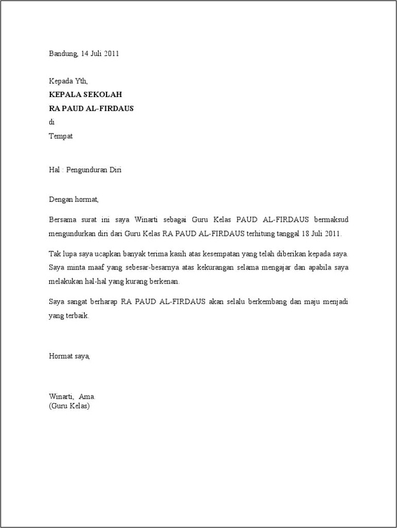 Contoh Surat Pernyataan Pengunduran Diri Guru Dari Kepala Sekolah