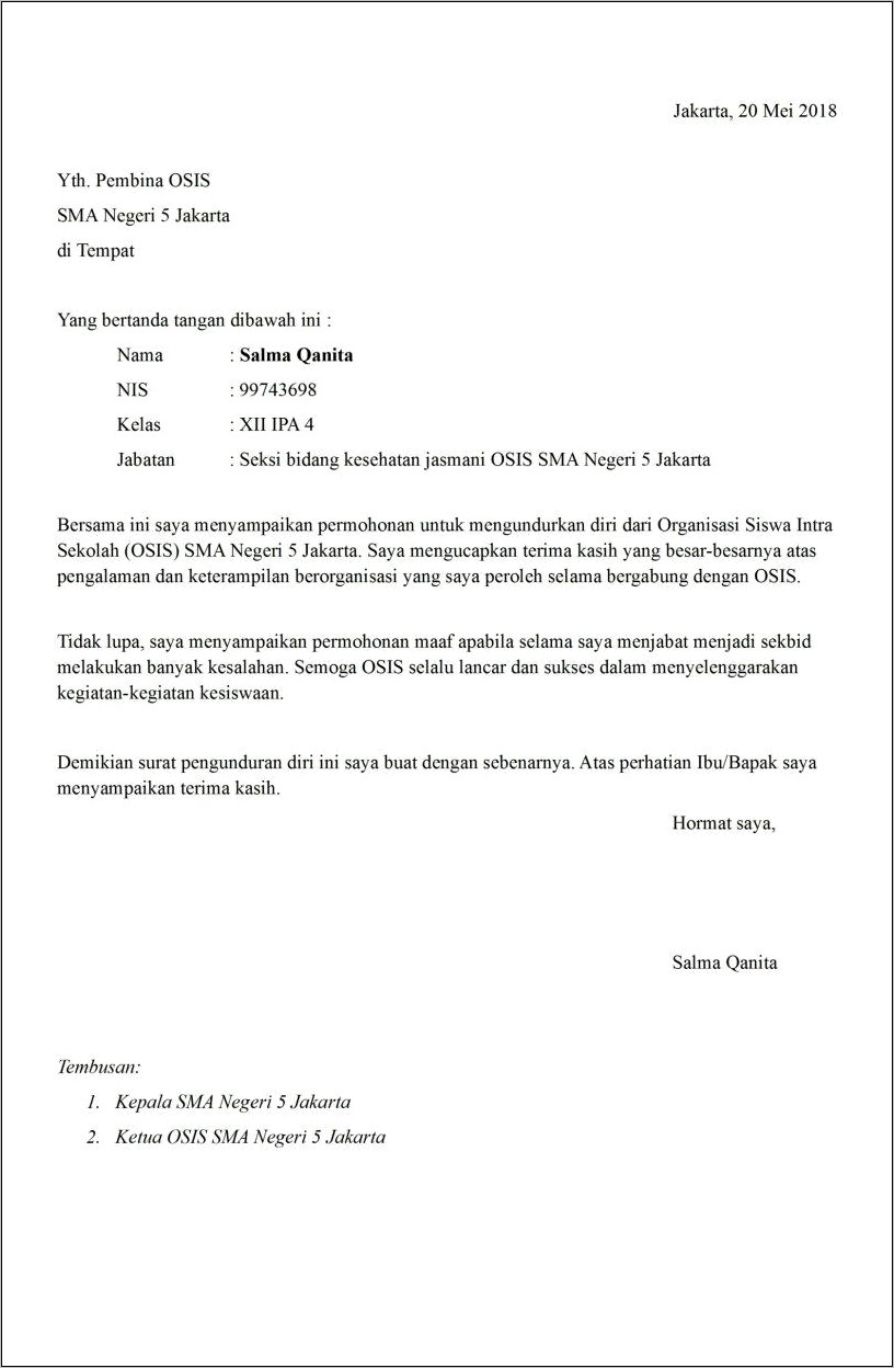 Contoh Surat Pernyataan Pengunduran Diri Ketua Rt