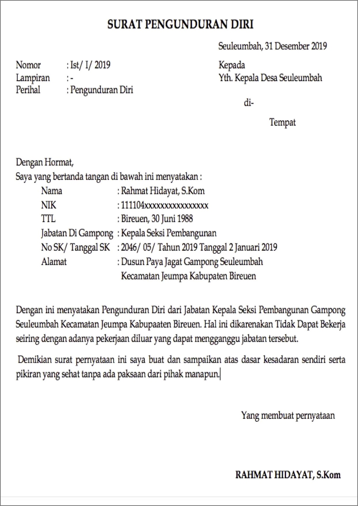 Contoh Surat Pernyataan Pengunduran Diri Sebagai Kepala Sekolah