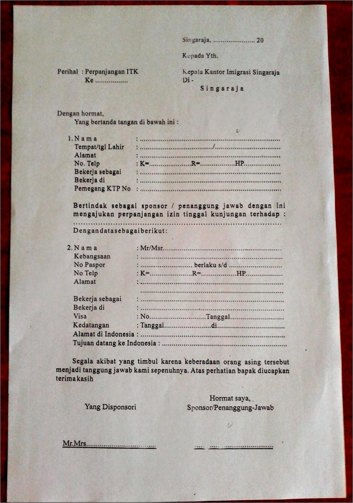 Contoh Surat Pernyataan Penjamin Visa