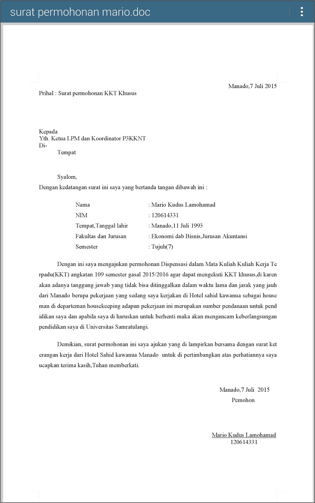 Contoh Surat Pernyataan Penurunan Ukt