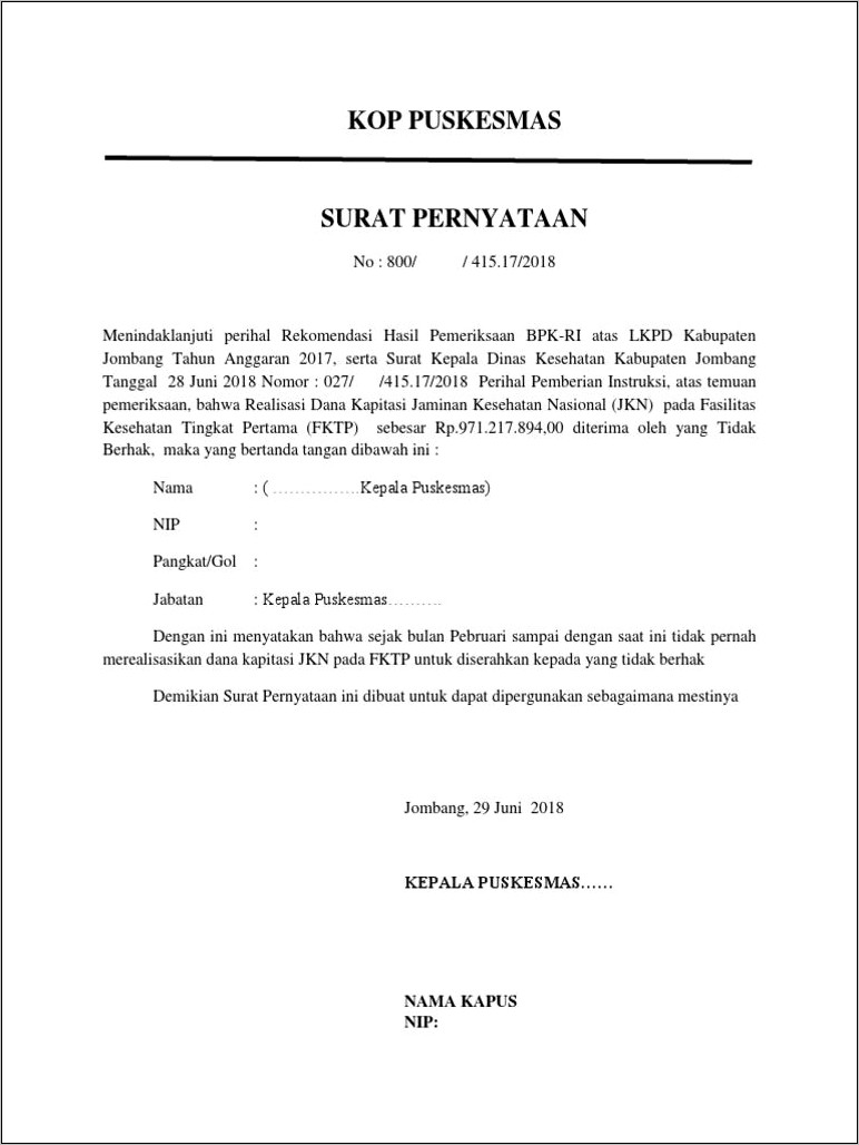 Contoh Surat Pernyataan Penyetoran Kembali Hasil Temuan Lhp