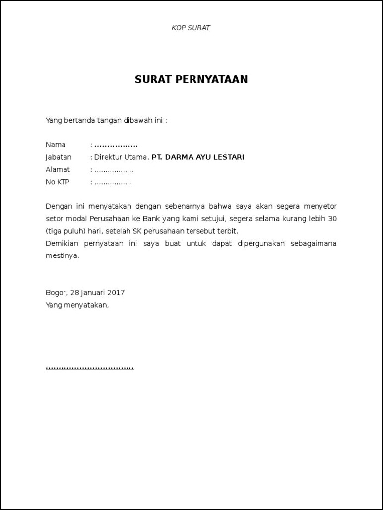 Contoh Surat Pernyataan Penyetoran Modal Perusahaan