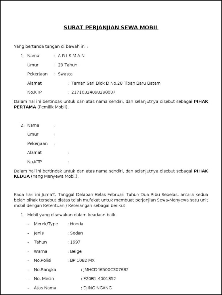 Contoh Surat Pernyataan Penyewaan Kontrak