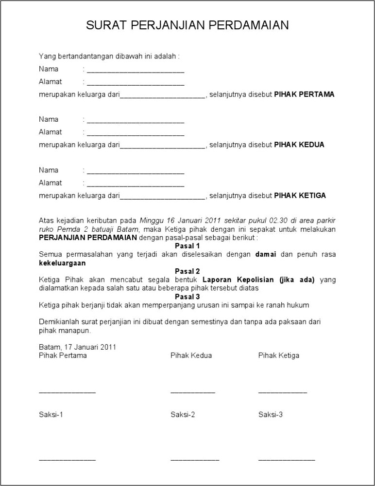 Contoh Surat Pernyataan Perdamaian Pengelapan Sepeda Motor