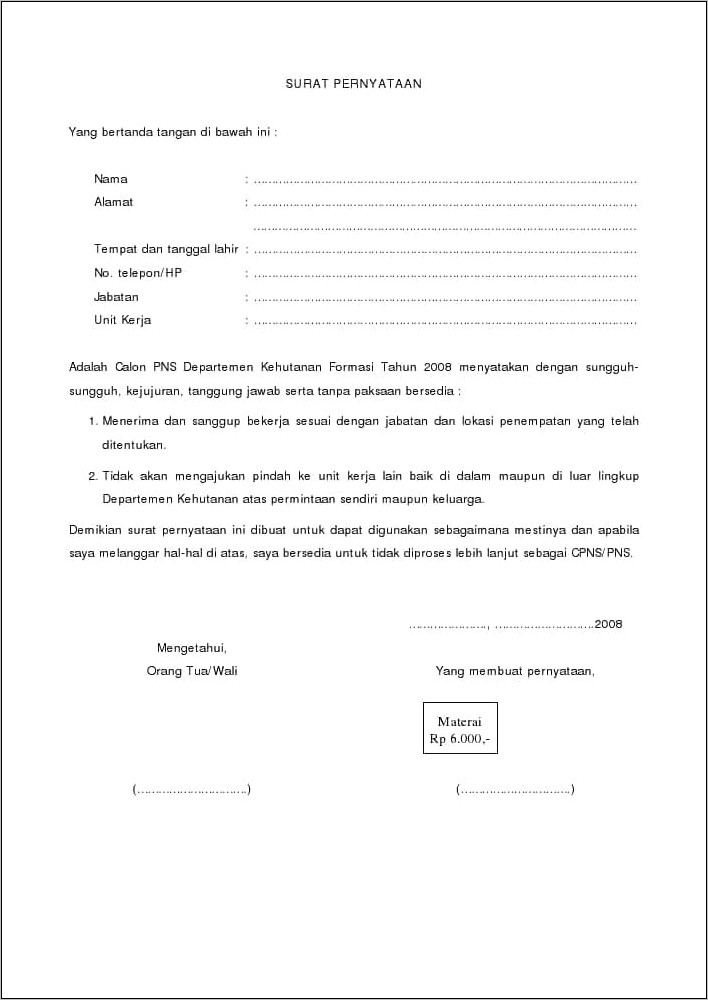 Contoh Surat Pernyataan Perilaku Baik