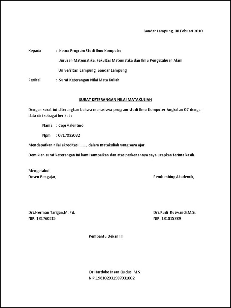 Contoh Surat Pernyataan Permohonan Nilai Mata Kuliah
