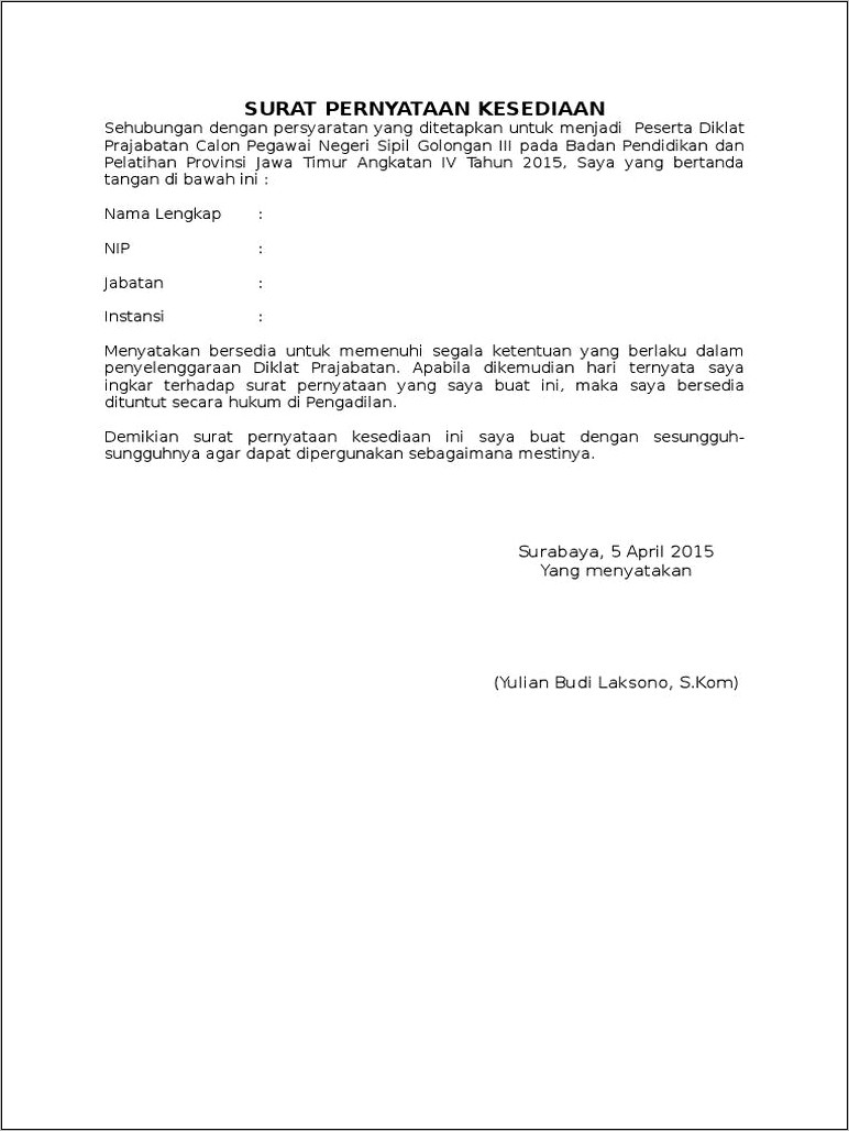 Contoh Surat Pernyataan Pernyataan Tidak Ketersediaan Mengikuti Diklat