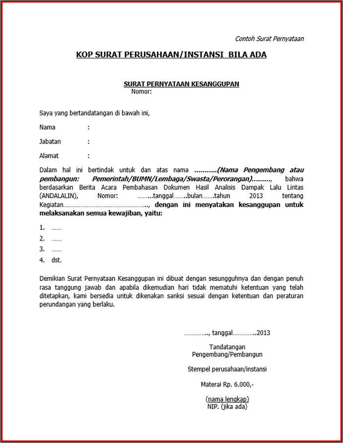 Contoh Surat Pernyataan Persetujuan Dengan Peraturan