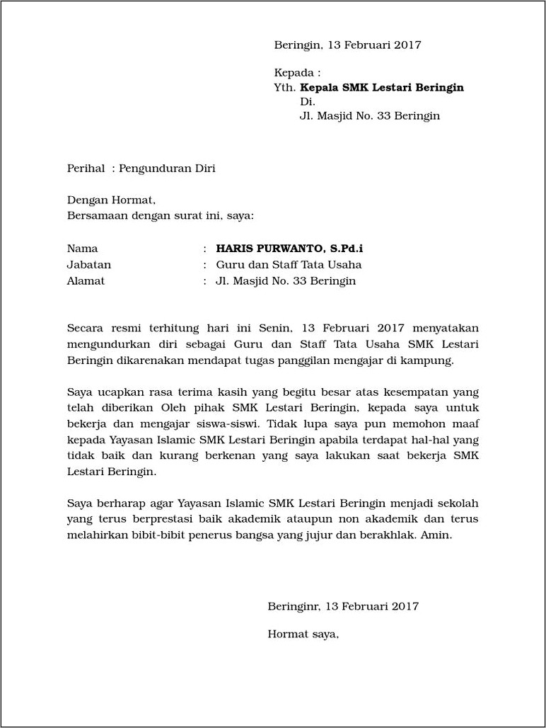 Contoh Surat Pernyataan Persetujuan Kepala Sekolah Dasar Pengunduran Diri Guru