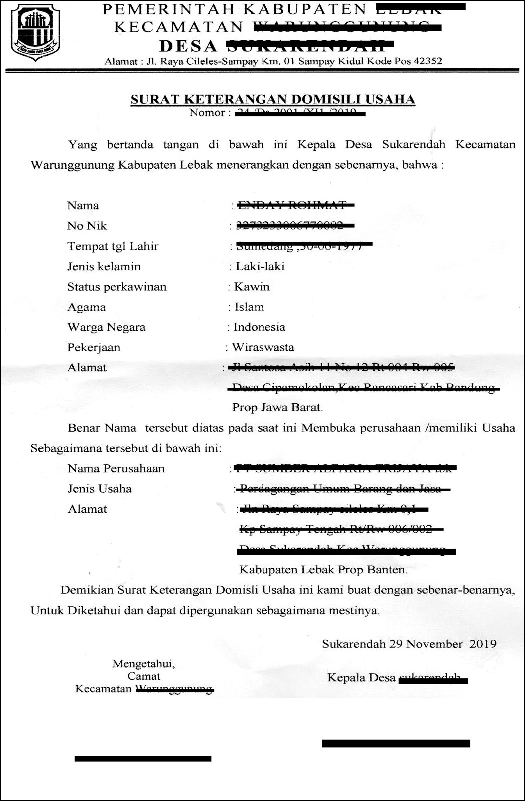 Contoh Surat Pernyataan Perusahaan Domidsili