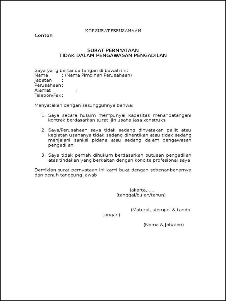 Contoh Surat Pernyataan Perusahaan Tidak Dalam Proses Hukum