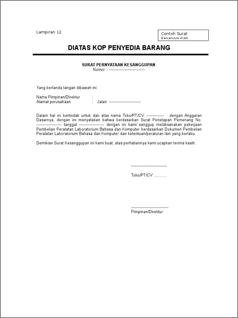 Contoh Surat Pernyataan Pimpinan Perusahaan Dalam Rangka Tertib Administrasi