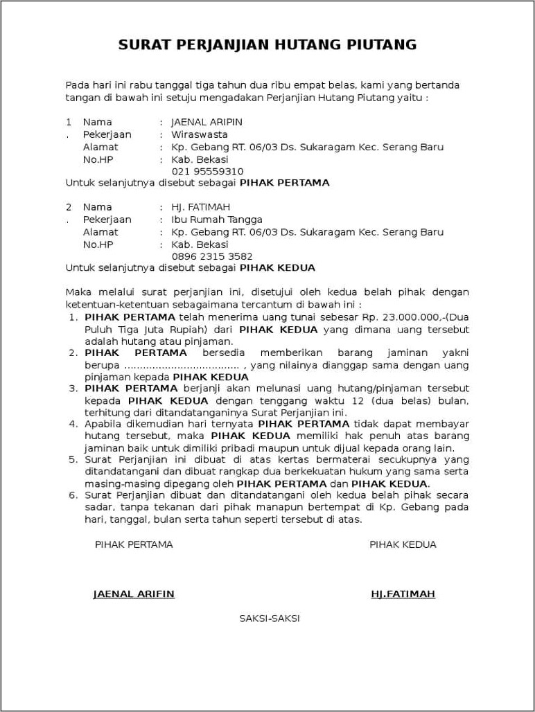 Contoh Surat Pernyataan Pinjam Nama Untuk Kredit Bank