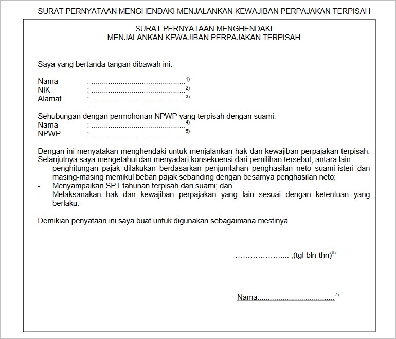 Contoh Surat Pernyataan Pisah Hak Pajak
