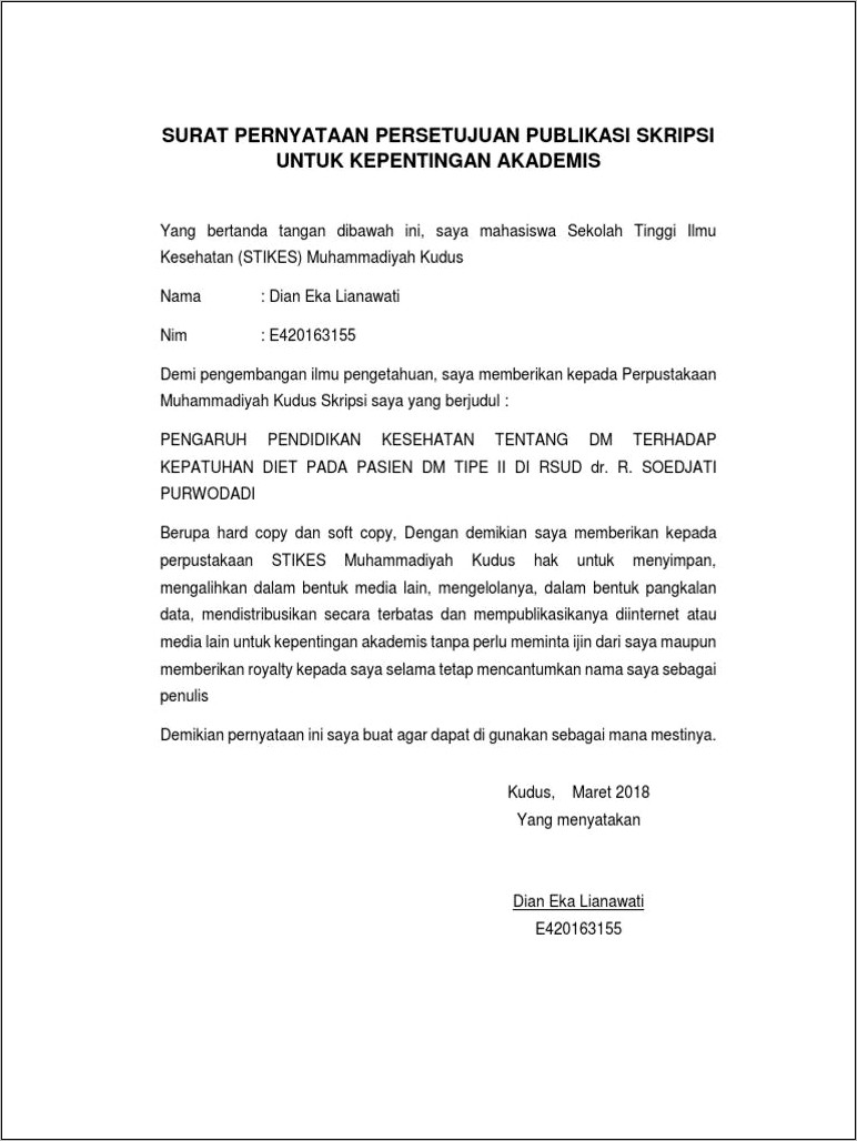 Contoh Surat Pernyataan Publikasi Karya Ilmiah