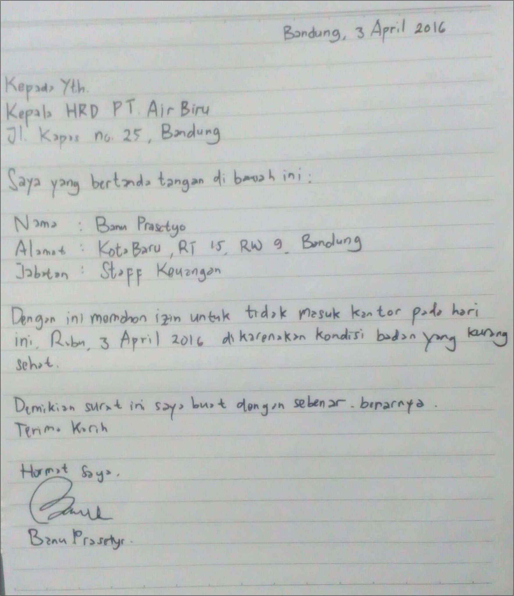 Contoh Surat Pernyataan Pulang Cepat Untuk Hrd