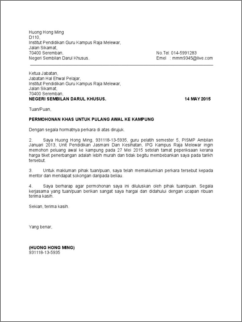 Contoh Surat Pernyataan Pulang Cepat