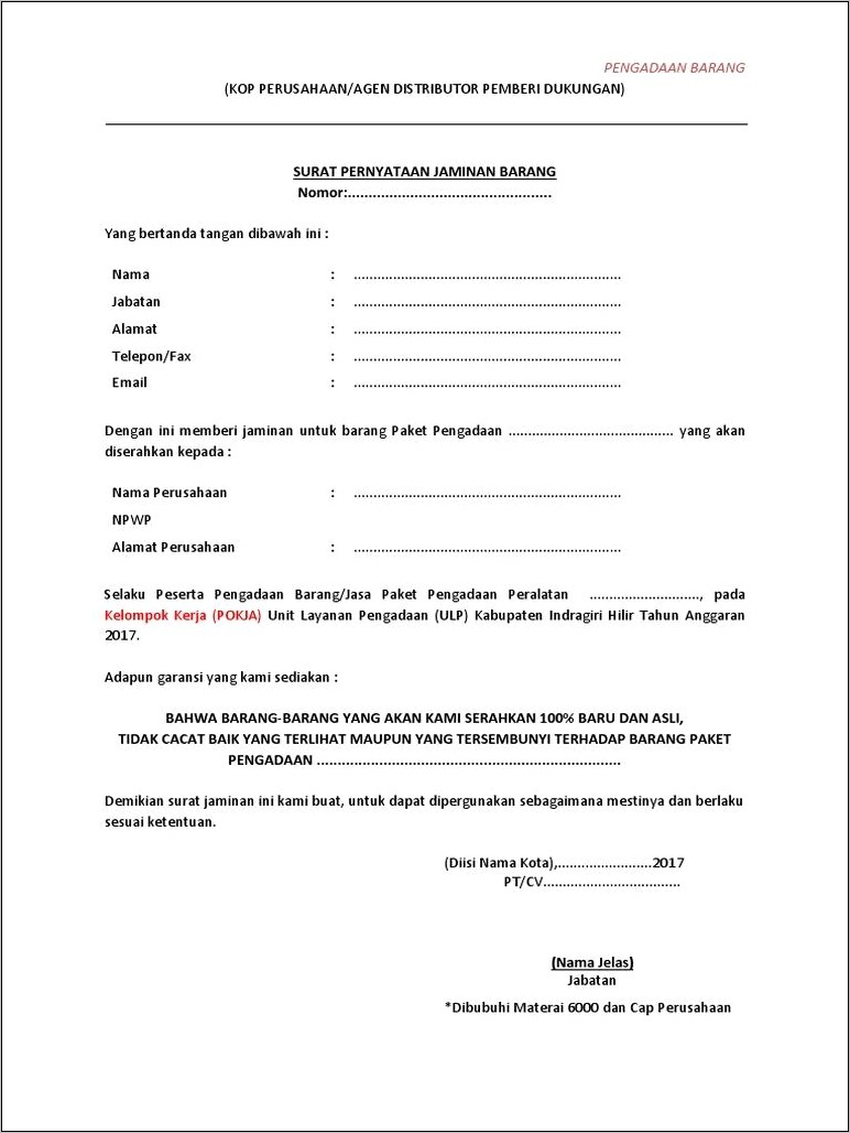 Contoh Surat Pernyataan Purna Jual