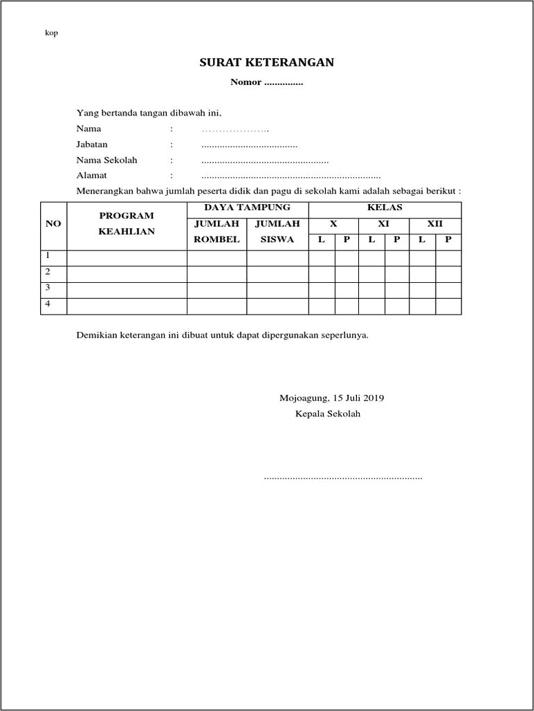 Contoh Surat Pernyataan Rombel