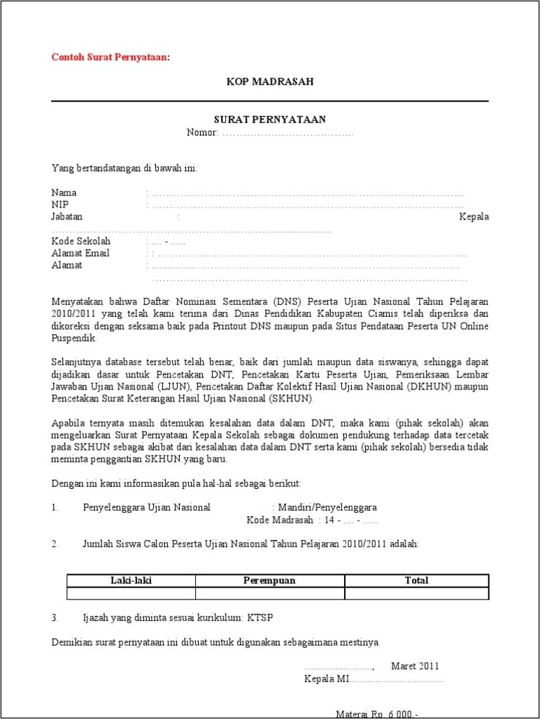 Contoh Surat Pernyataan Salah Tahun Lahir Di Skhun