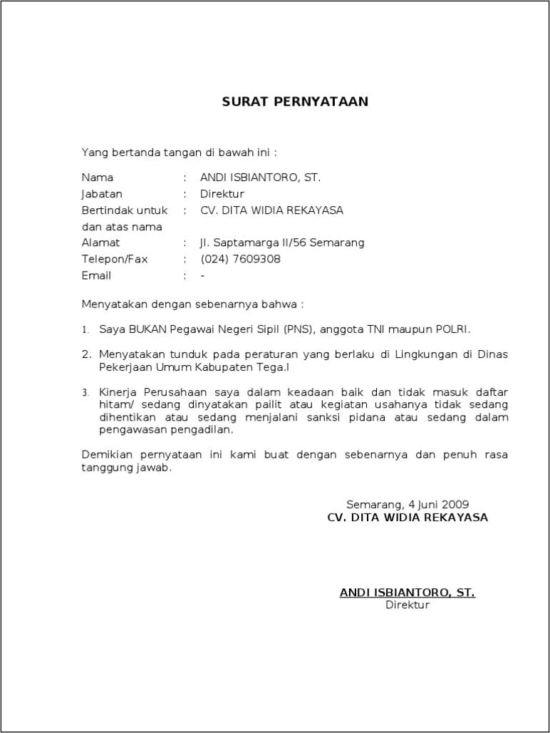Contoh Surat Pernyataan Samgsi