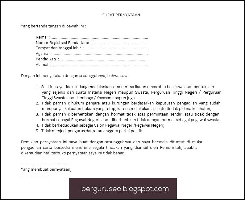 Contoh Surat Pernyataan Sanggup Membiayai Diri Sendiri