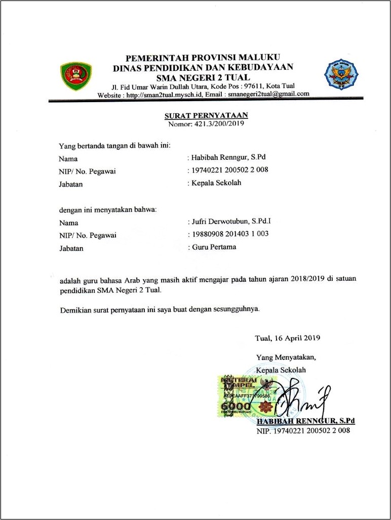 Contoh Surat Pernyataan Sebagai Guru Sma