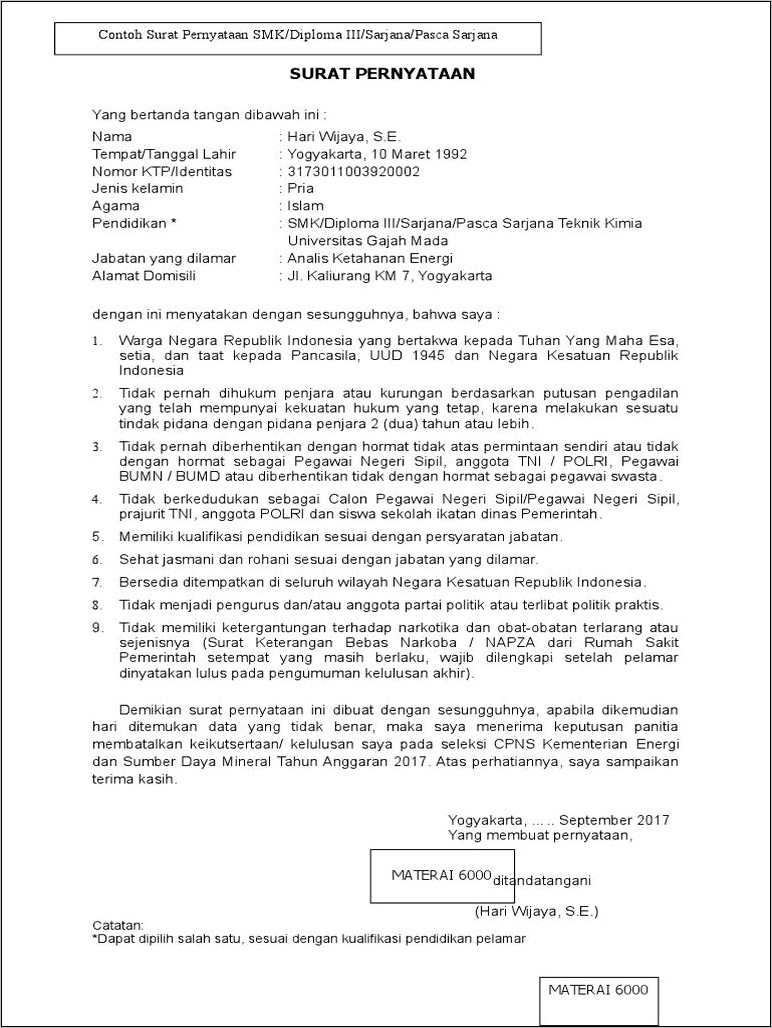 Contoh Surat Pernyataan Sebagai Warga Negara Indonesia Untuk Cpns