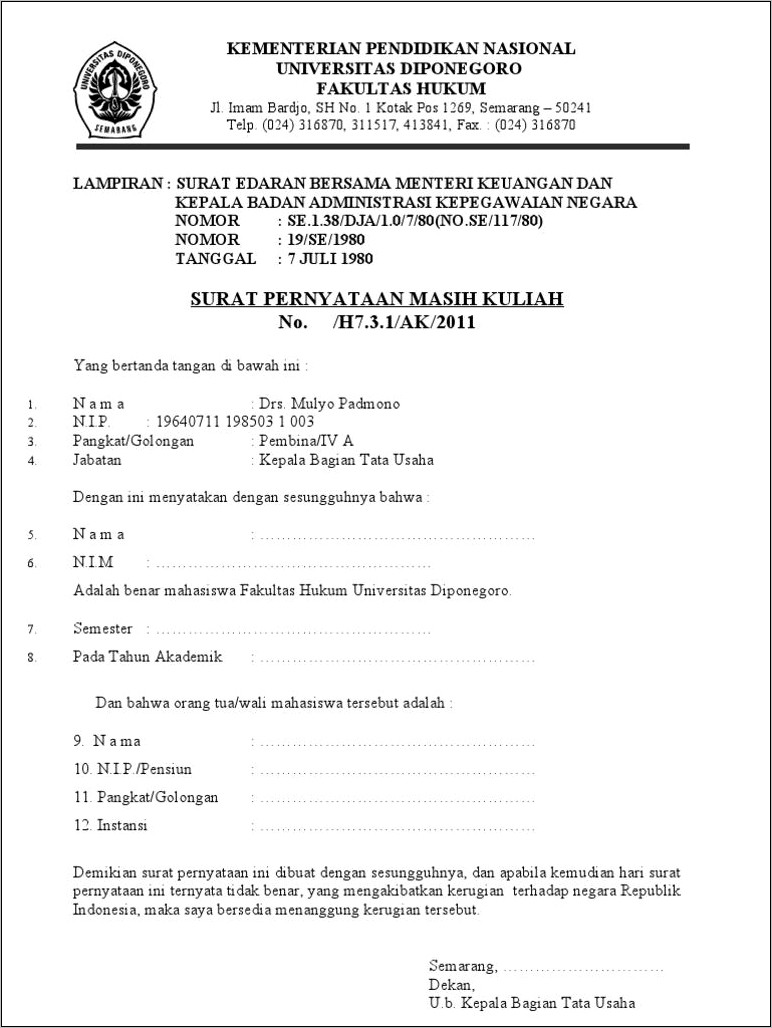 Contoh Surat Pernyataan Sedang Kuliah Untuk Ke Rs