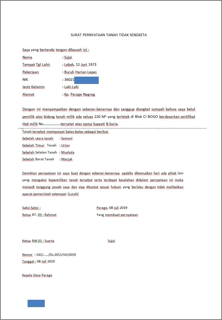 Contoh Surat Pernyataan Sengketa