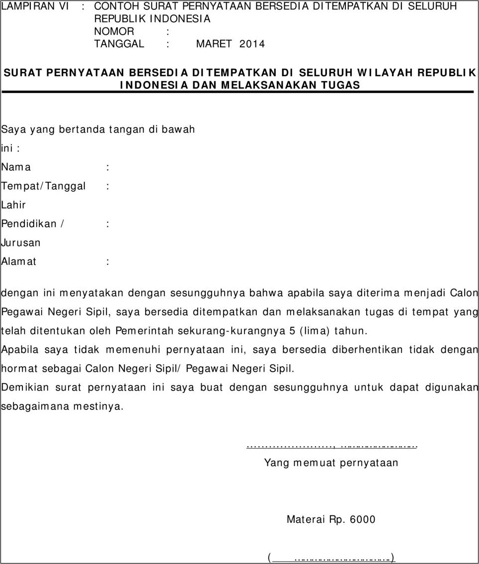 Contoh Surat Pernyataan Siap Ditempatkan Di Seluruh Wilayah Nkri