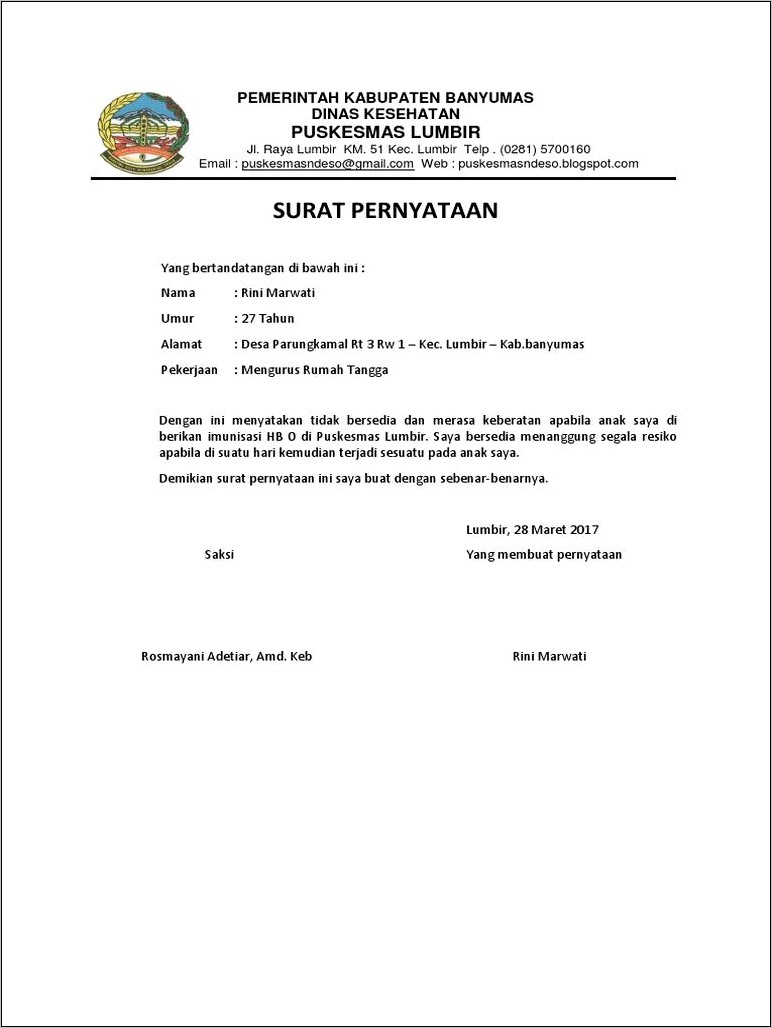 Contoh Surat Pernyataan Sikap Penolakan Imunisasi