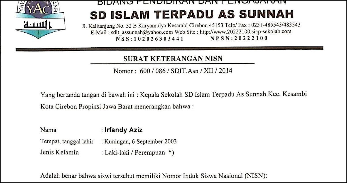 Contoh Surat Pernyataan Siswa Belum Ada Nisn