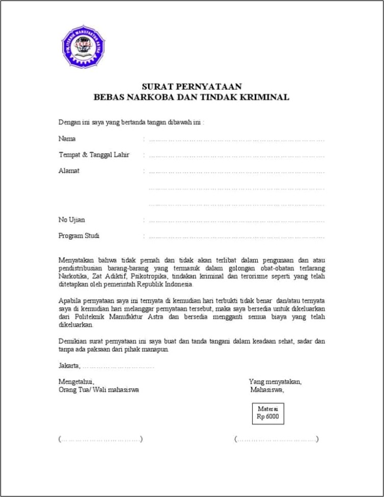 Contoh Surat Pernyataan Siswa Bolos