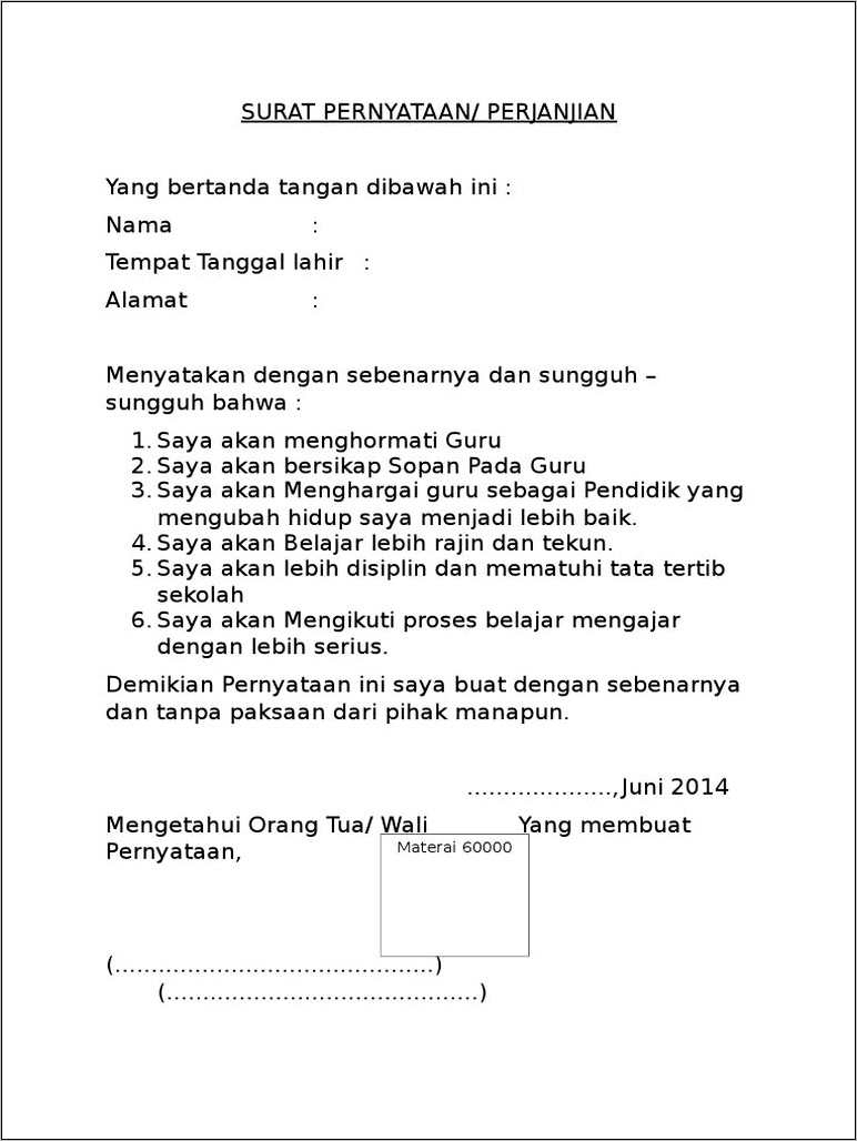 Contoh Surat Pernyataan Siswa Mematuhi Tata Tertib Sekolah