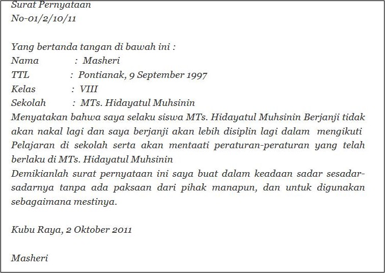 Contoh Surat Pernyataan Siswa Tidak Akan Mengulangi Kesalahan