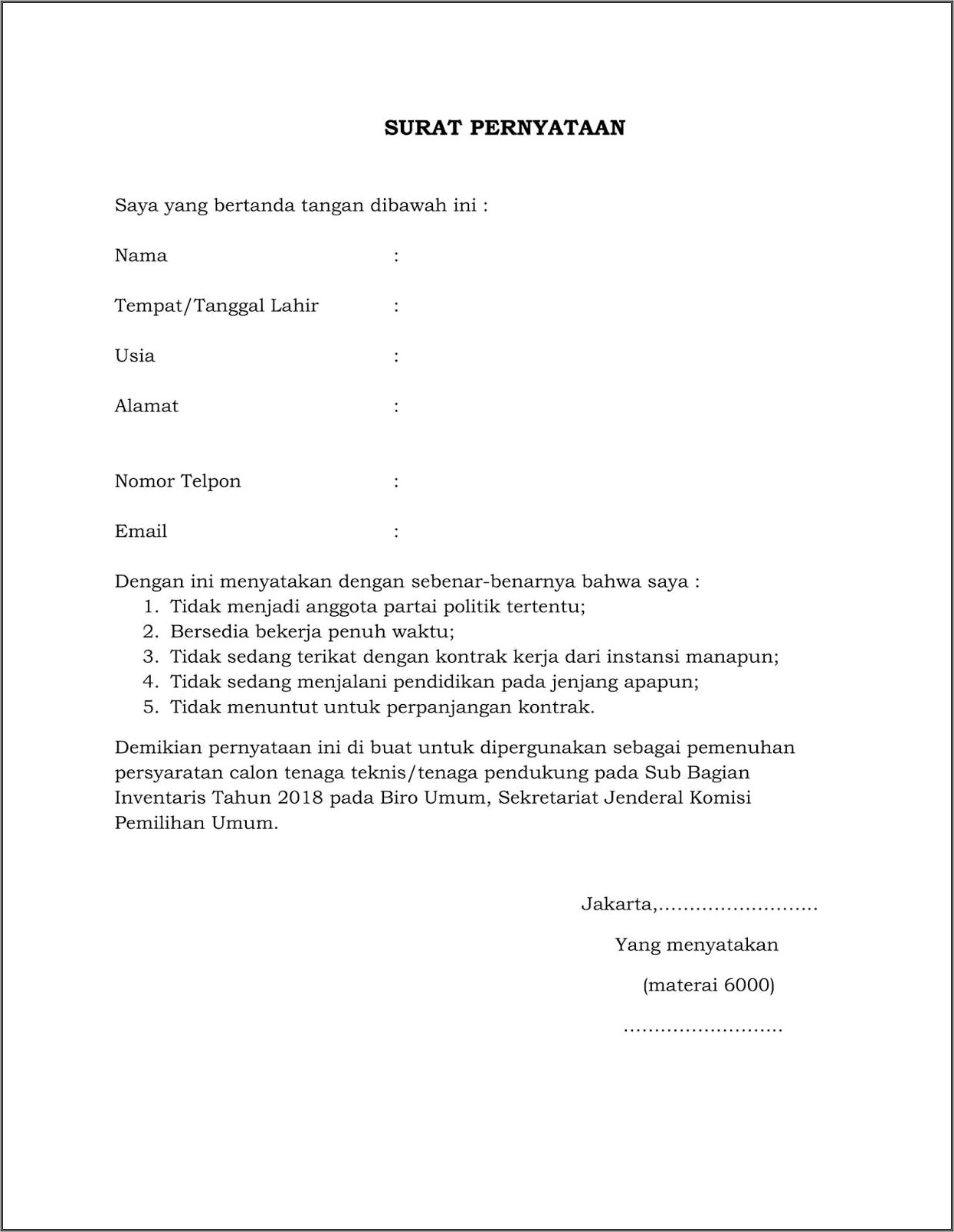 Contoh Surat Pernyataan Sopir