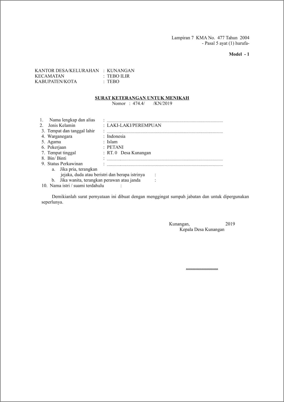 Contoh Surat Pernyataan Status Belum Menikah Utk Nikah