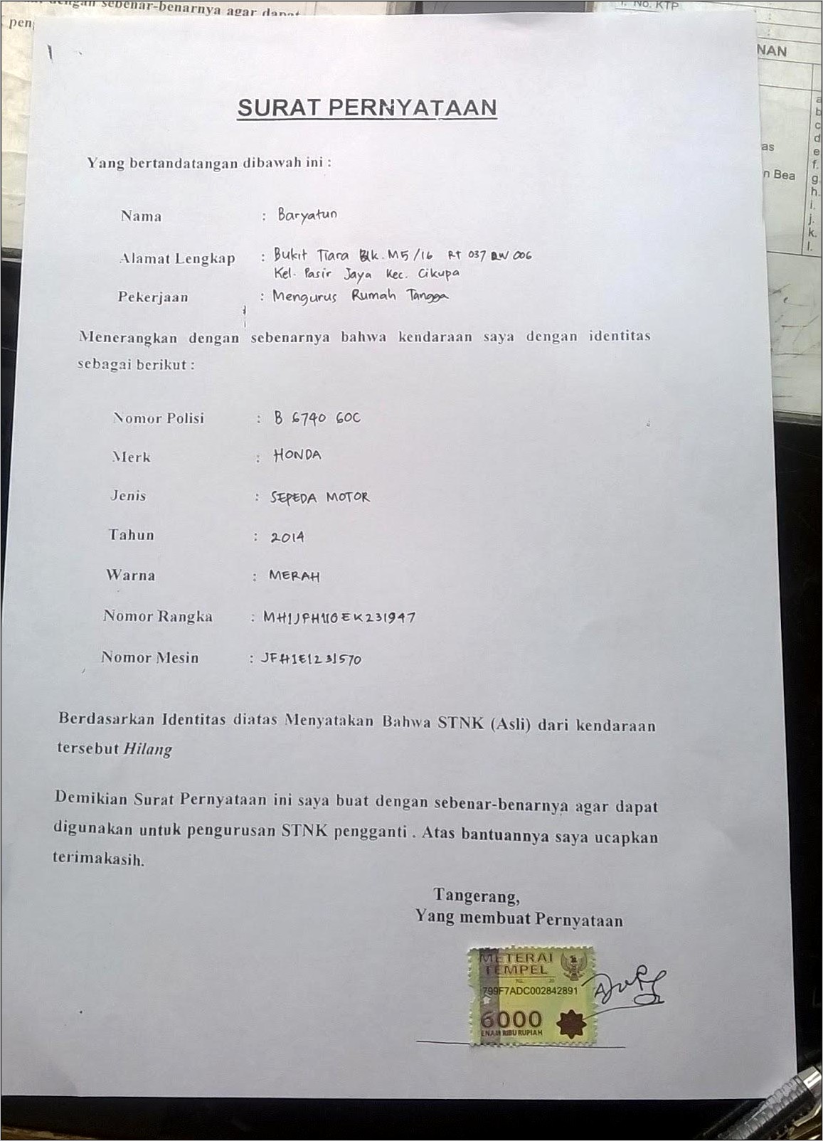 Contoh Surat Pernyataan Stnk Hilang